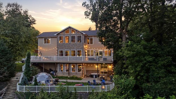 Long Lake Lake House at twilight - whole-house vacation rental sleeps 14, Valparaiso Indiana near Indiana Dunes