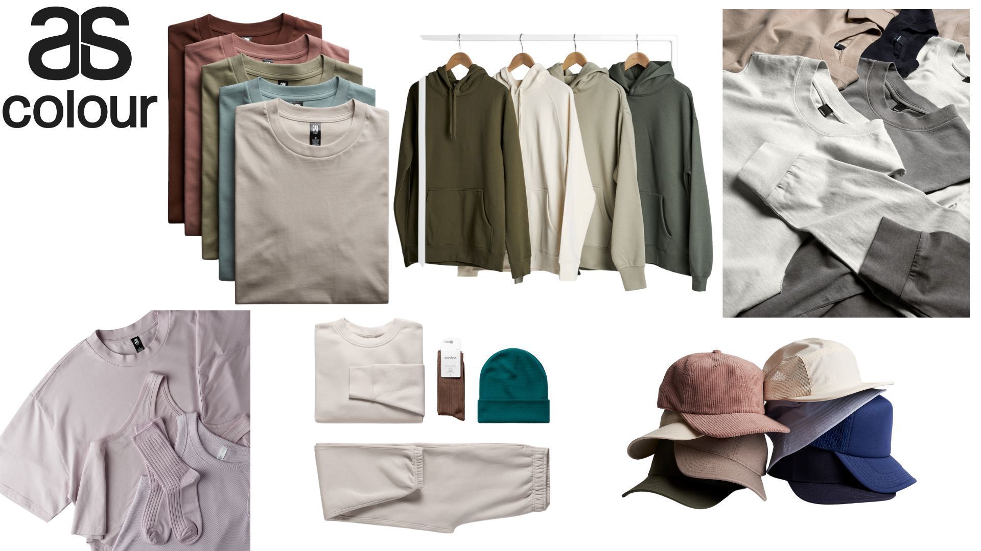 A variety of clothes and hats are displayed on a white background.