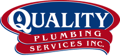 The logo for quality plumbing services inc. is red and blue