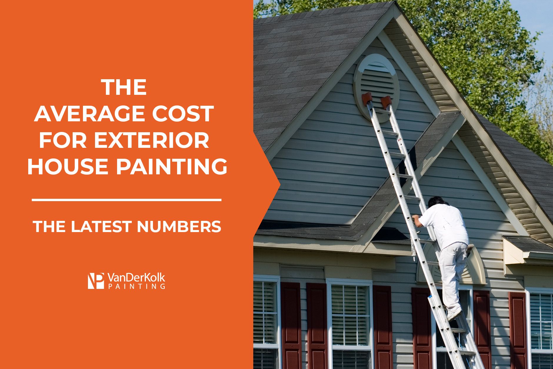 A man on a ladder paints the side of a house