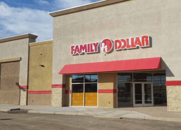 A family dollar store with a red awning