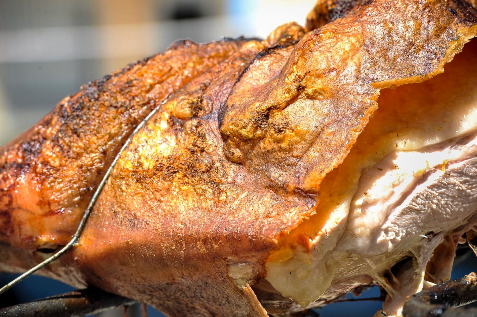 Cerdo entero asado al espetón con piel crujiente y dorada.