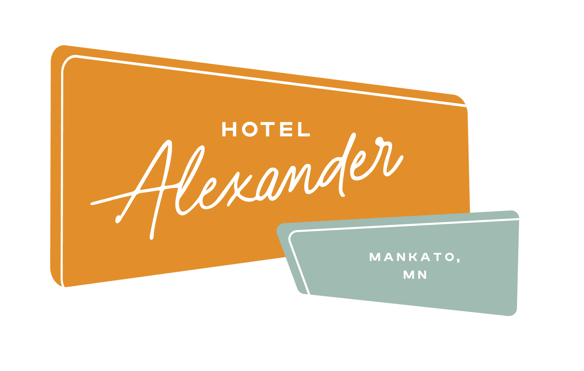 Hotel Alexander logo on orange and teal signs, Mankato, MN
