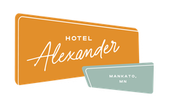 Hotel Alexander logo on orange and teal signs, Mankato, MN