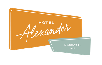 Hotel Alexander logo on orange and teal signs, Mankato, MN
