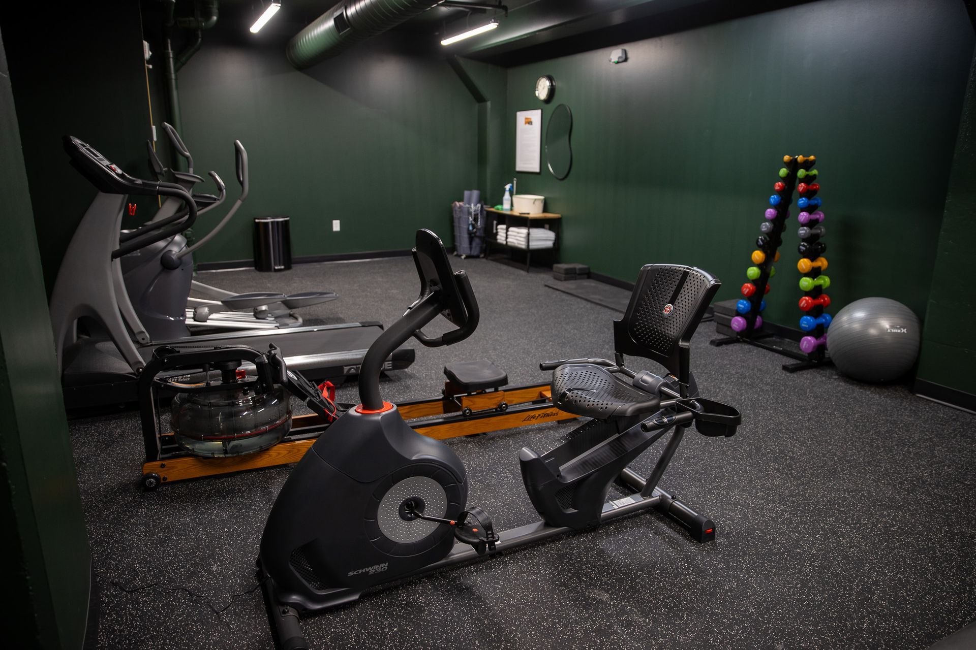 Compact home gym with a stationary bike, rowing machine, weights, and exercise balls on a dark rubber floor.