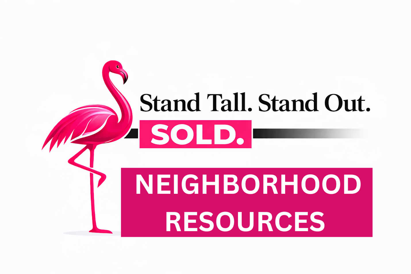 A pink flamingo stands next to the text 