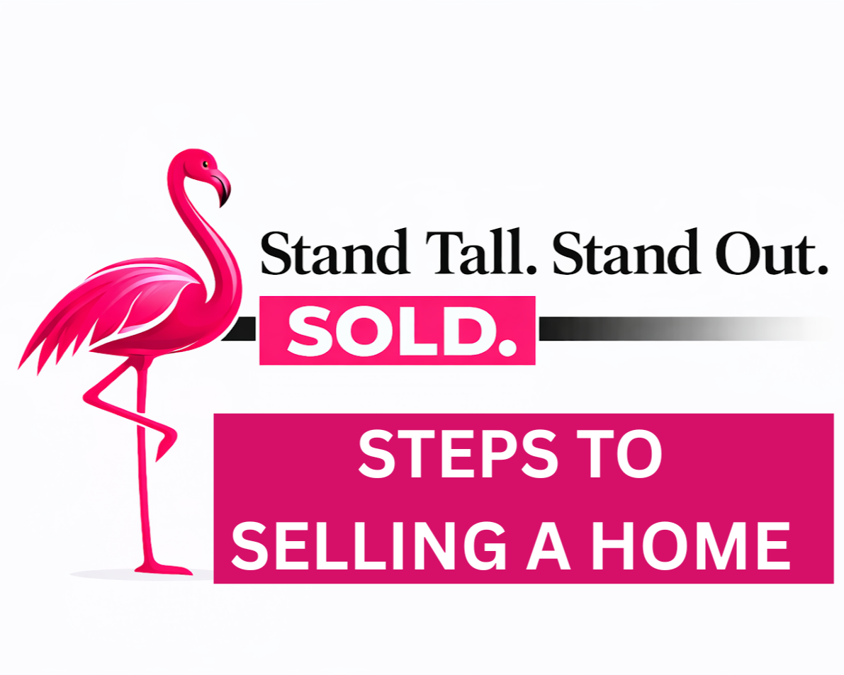 Promotional poster for Flamingo Realtor featuring a woman in a pink top and white pants on a black-and-pink background