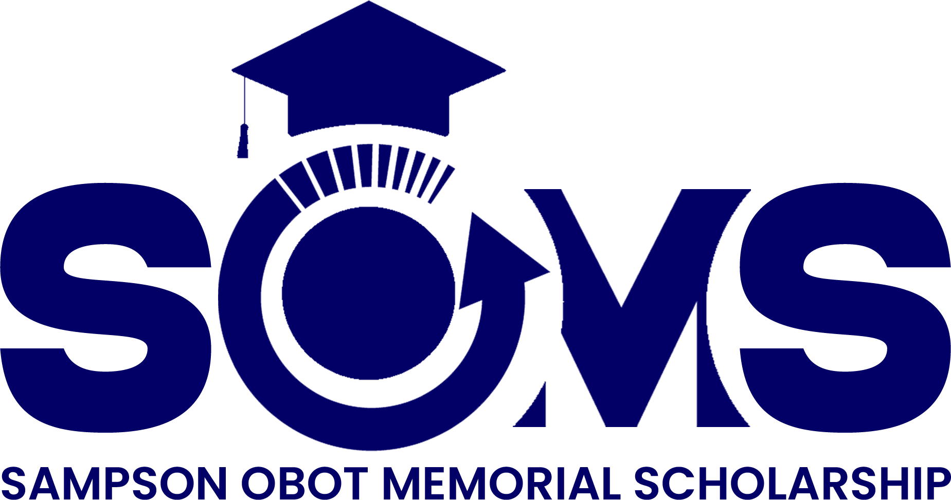 Logo for the Sampson Obot Memorial Scholarship: blue letters SOMS, graduation cap, and circular arrow.