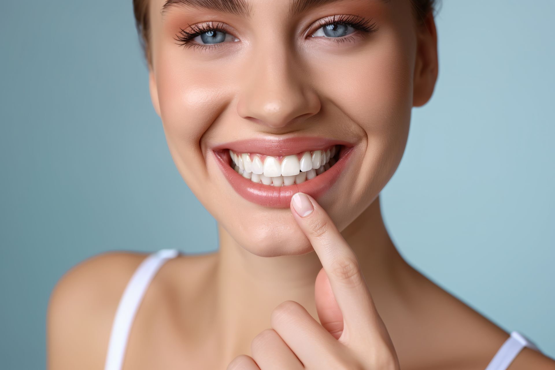 Woman with white smile and healthy gums showcasing the stunning results of cosmetic dentistry. Woman with white smile and healthy gums showcasing the stunning results of cosmetic dentistry.