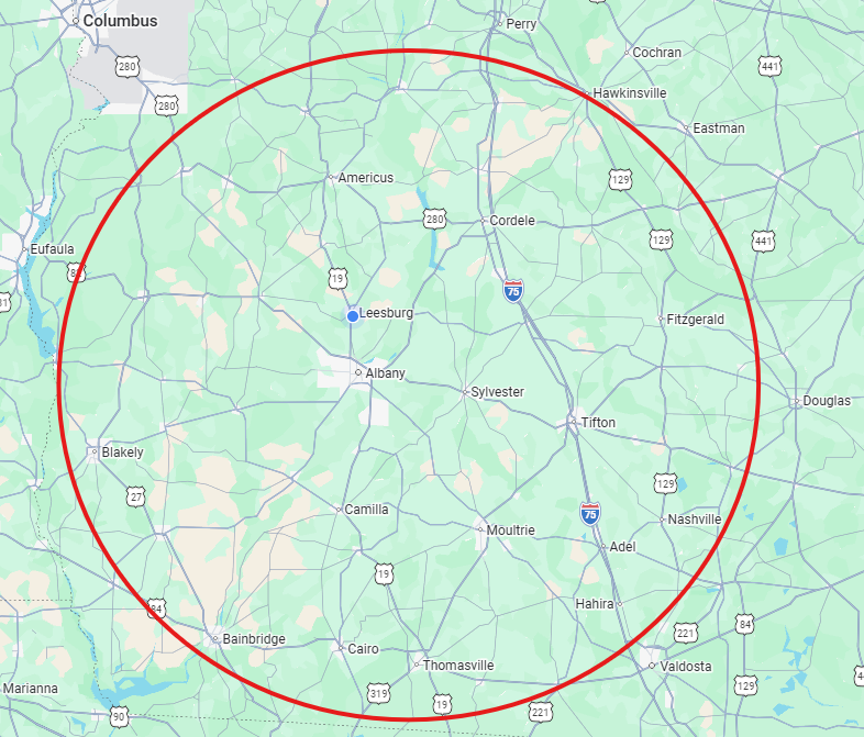 Map of central Ohio with a large red circle highlighting an area around Columbus and nearby towns.