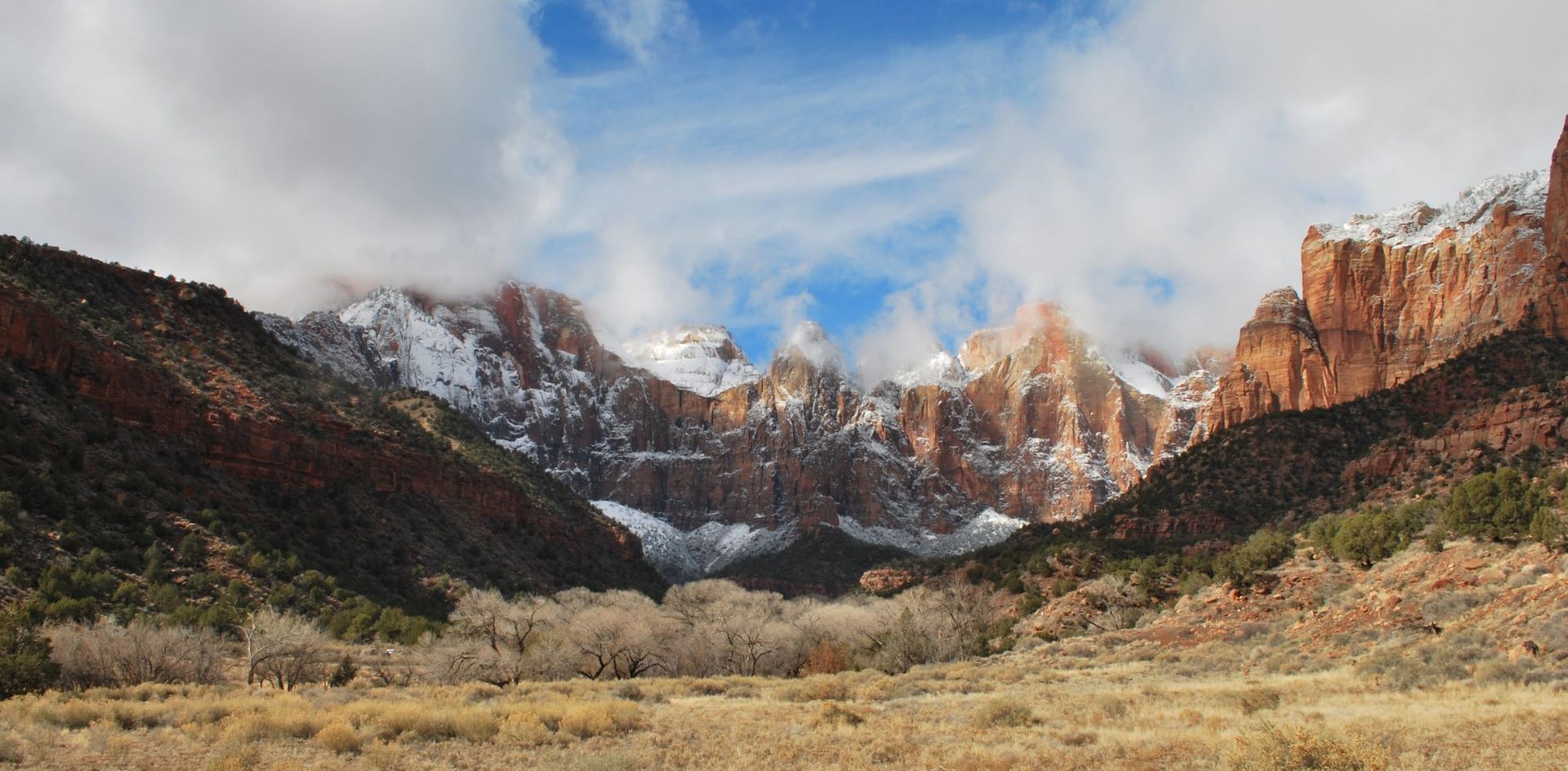Fresh snow on the Towers of the Virgin in Zion Canyon.