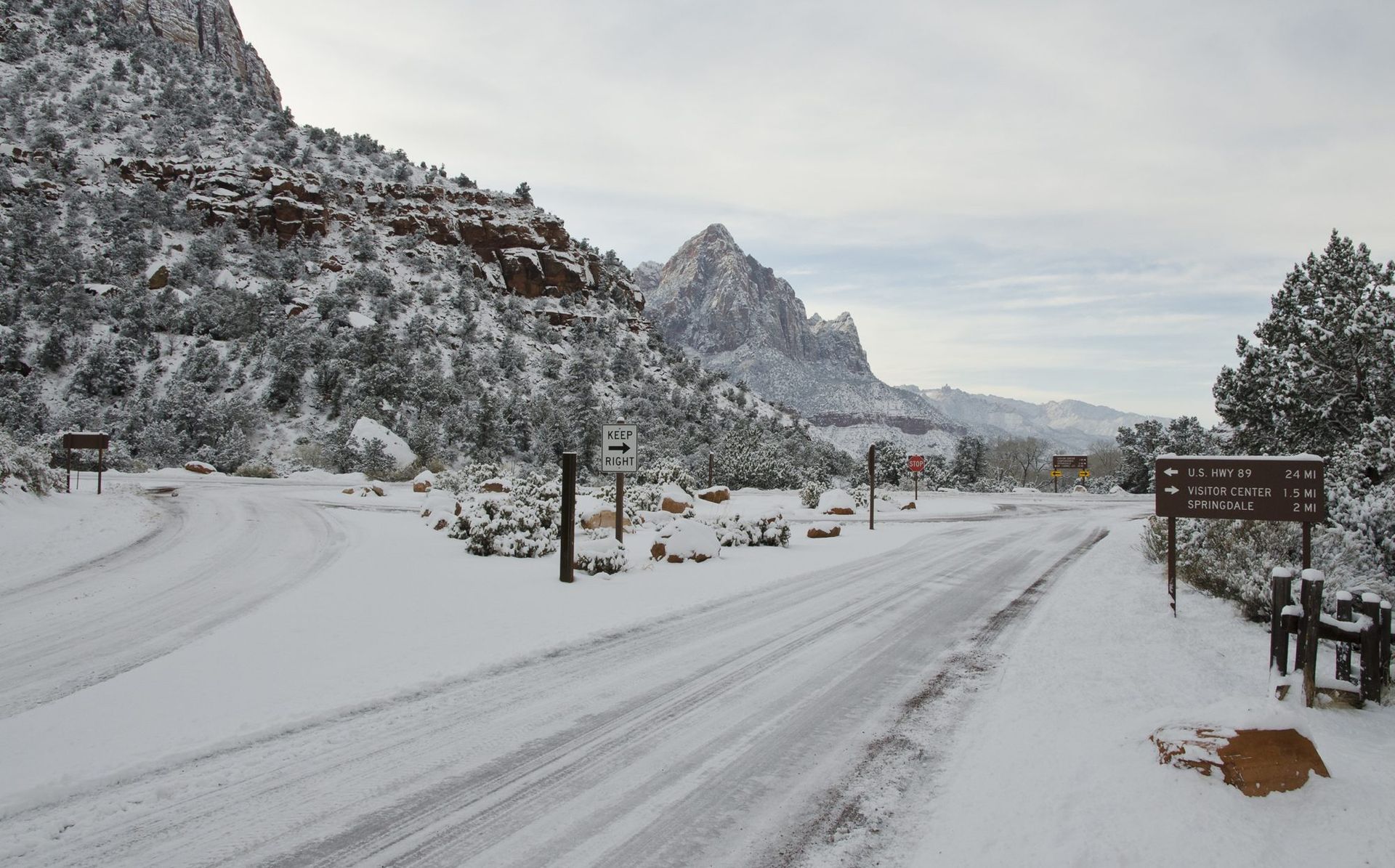 Snow on the road at Canyon Junction, where the Zion Canyon Scenic Drive begins, on New Year’s Day.