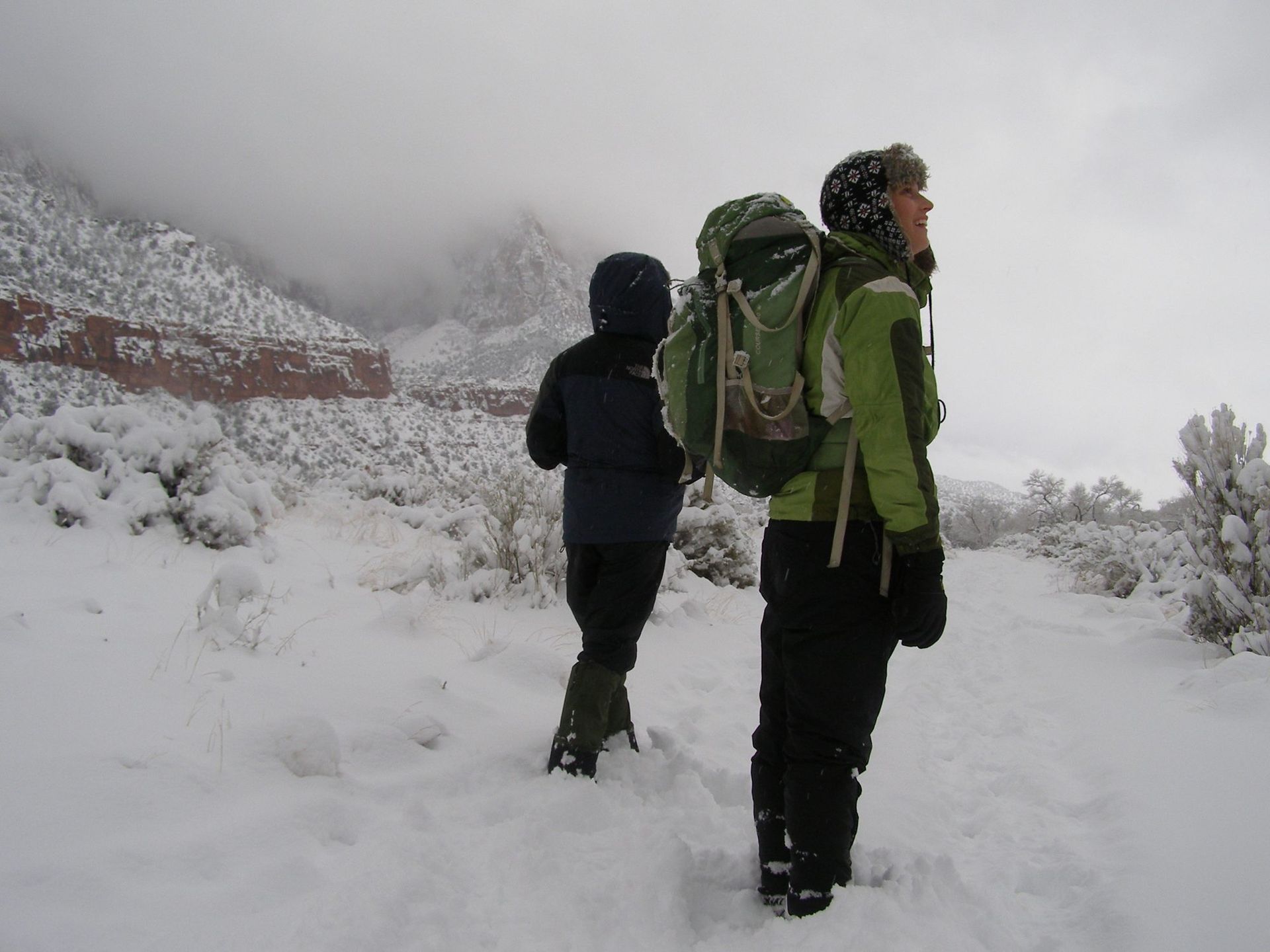 Hikers on the Pa’rus Trail during a snowstorm.