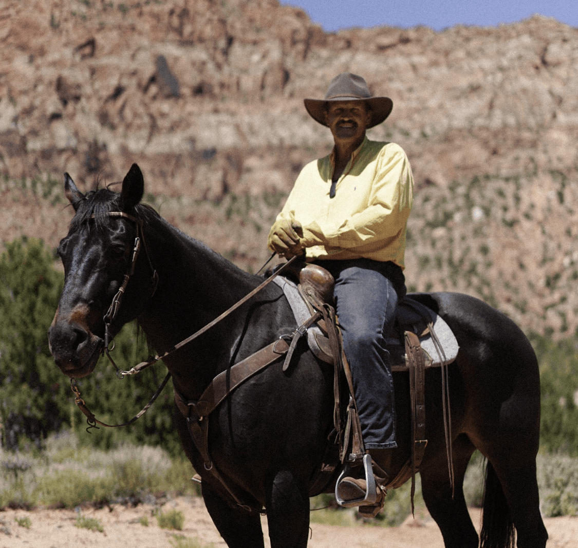  A man in a yellow shirt and cowboy hat riding a black horse, set against a rocky mountain backdrop.