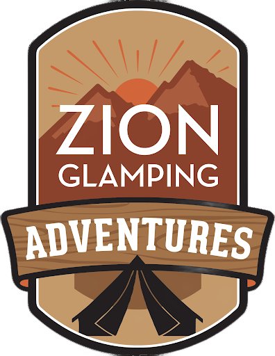 Zion Glamping Adventures logo featuring mountains, a sunrise, and a tent.