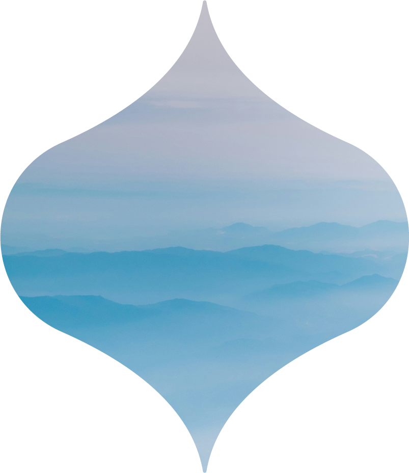 Abstract blue mountain landscape inside a decorative rounded diamond frame