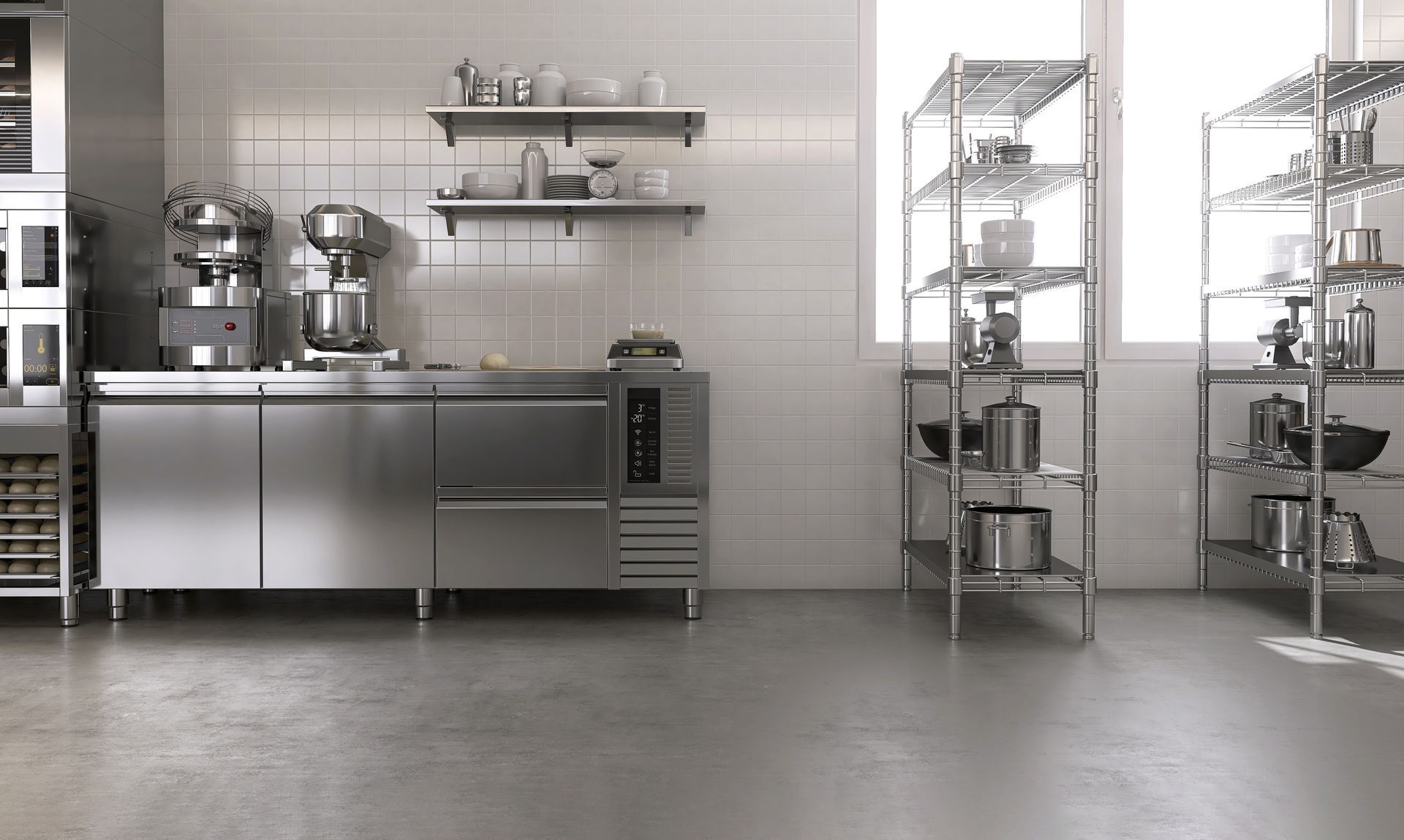 A professional stainless steel kitchen with work counters, appliances, and open shelving units against a tiled wall. A professional stainless steel kitchen with work counters, appliances, and open shelving units against a tiled wall.