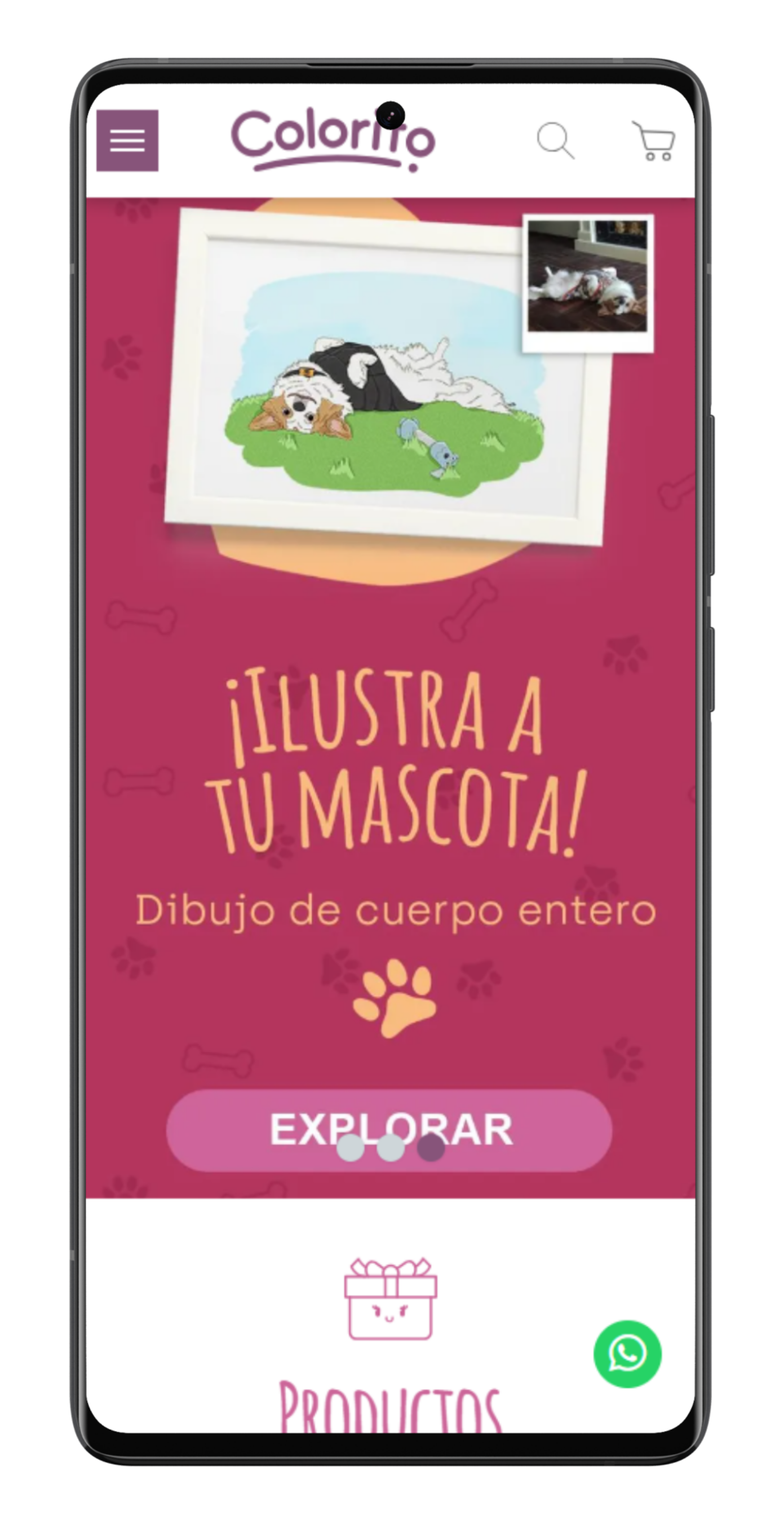 Mobile phone screen showing a website for pet illustrations.