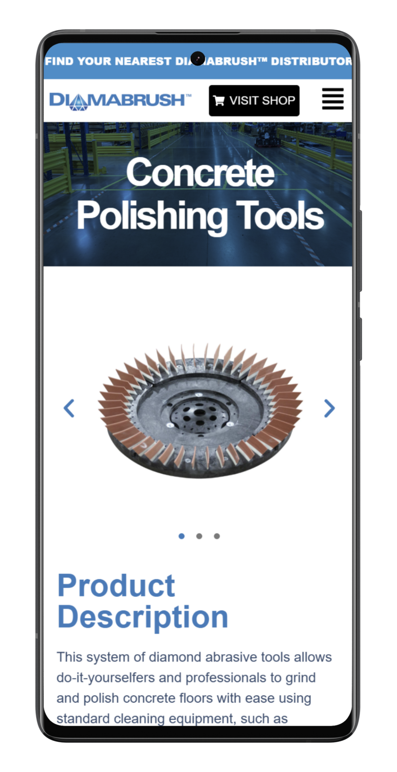Mobile webpage displaying a concrete polishing tool with product description.