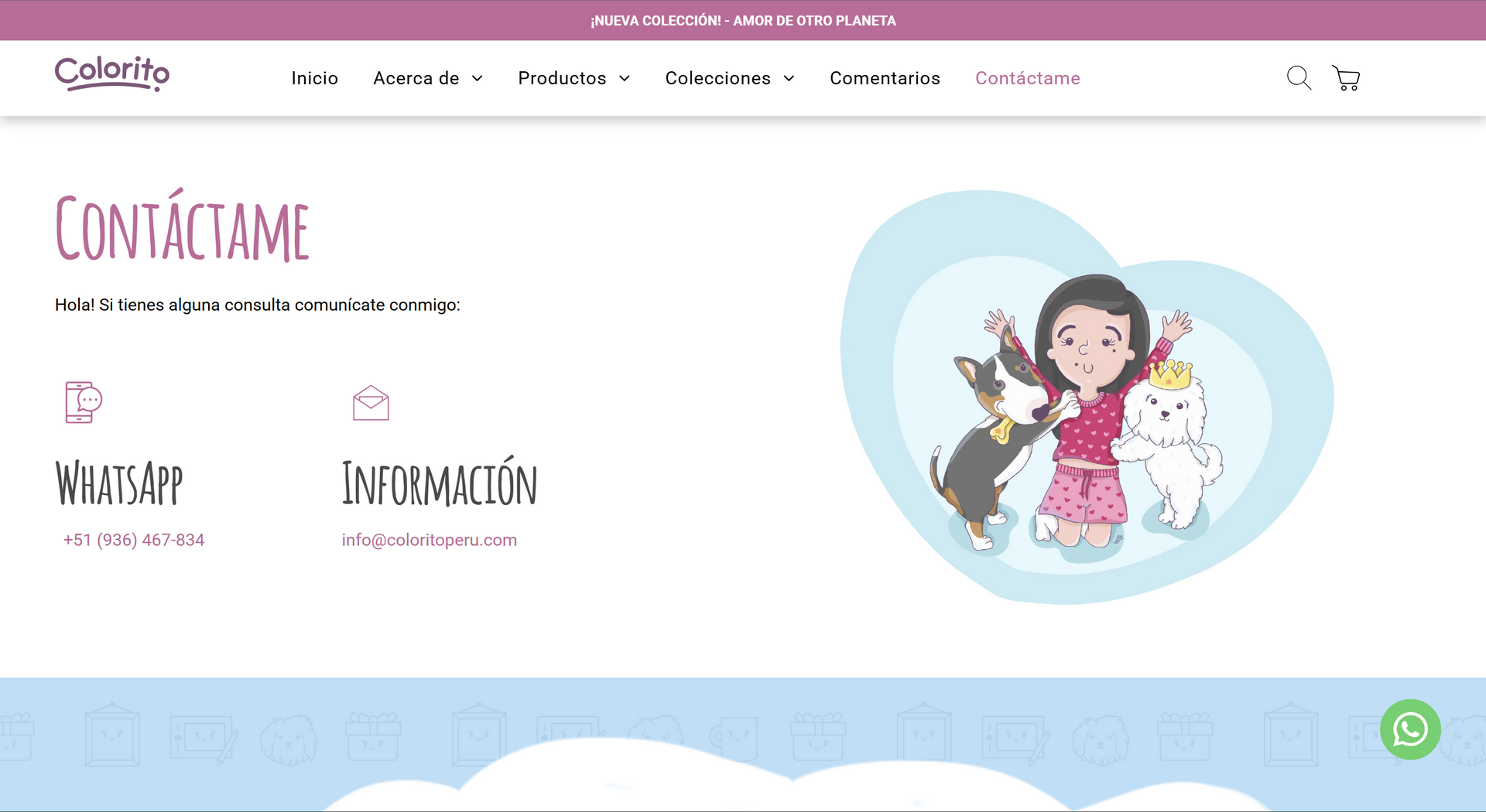 Website contact page: Girl with pets, blue heart background, WhatsApp and information buttons.