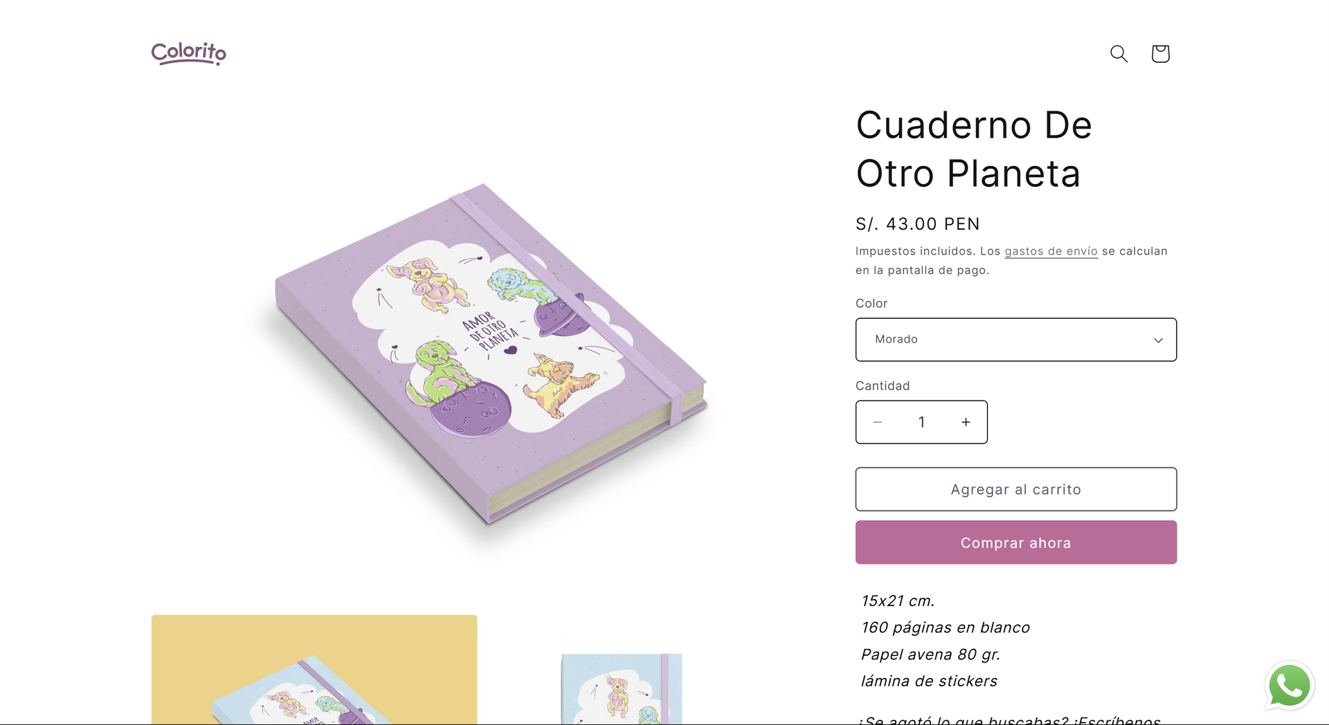 Notebook product page: light purple notebook with illustration, website interface.