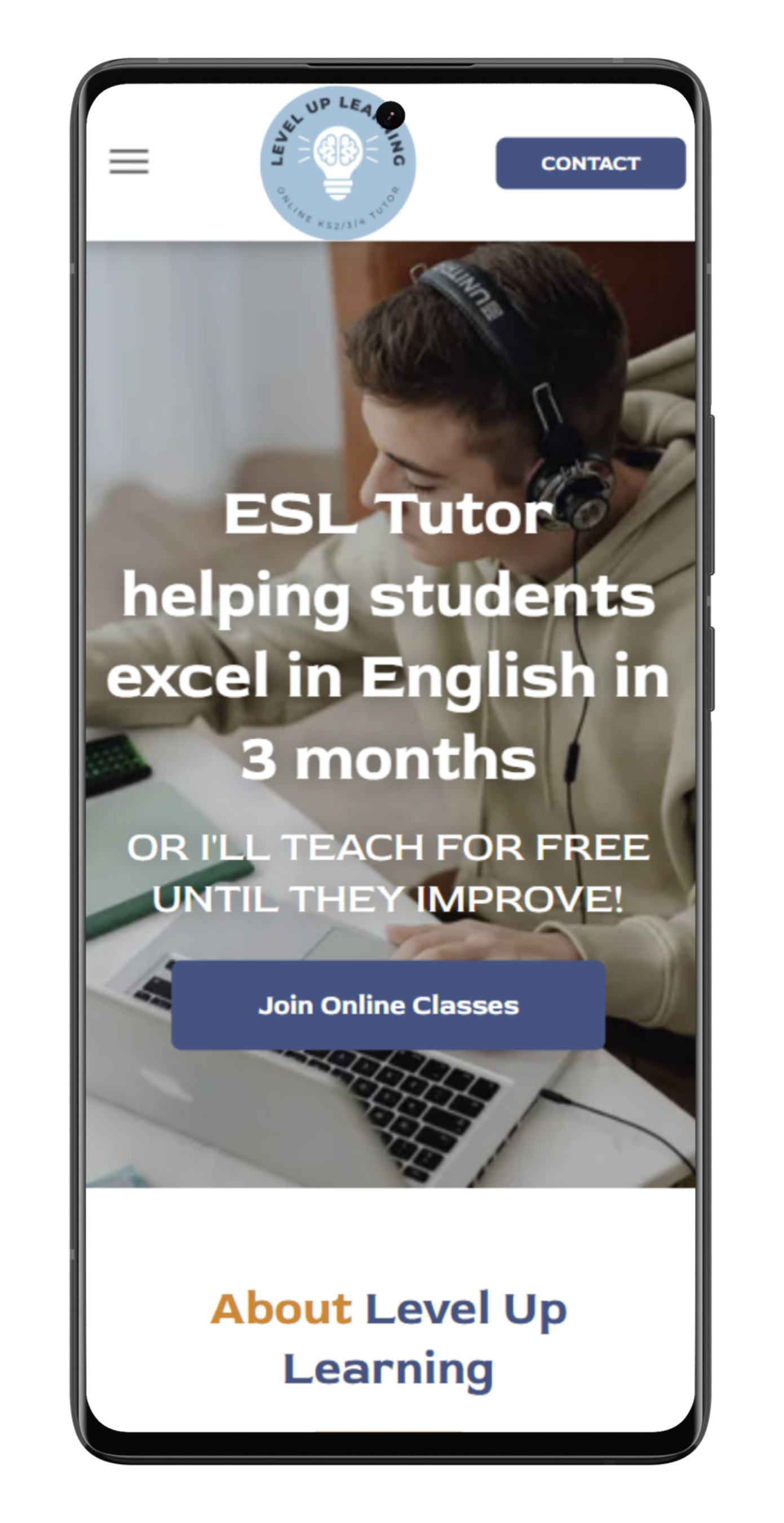 Mobile phone displaying a website promoting ESL tutoring services, with a student and a