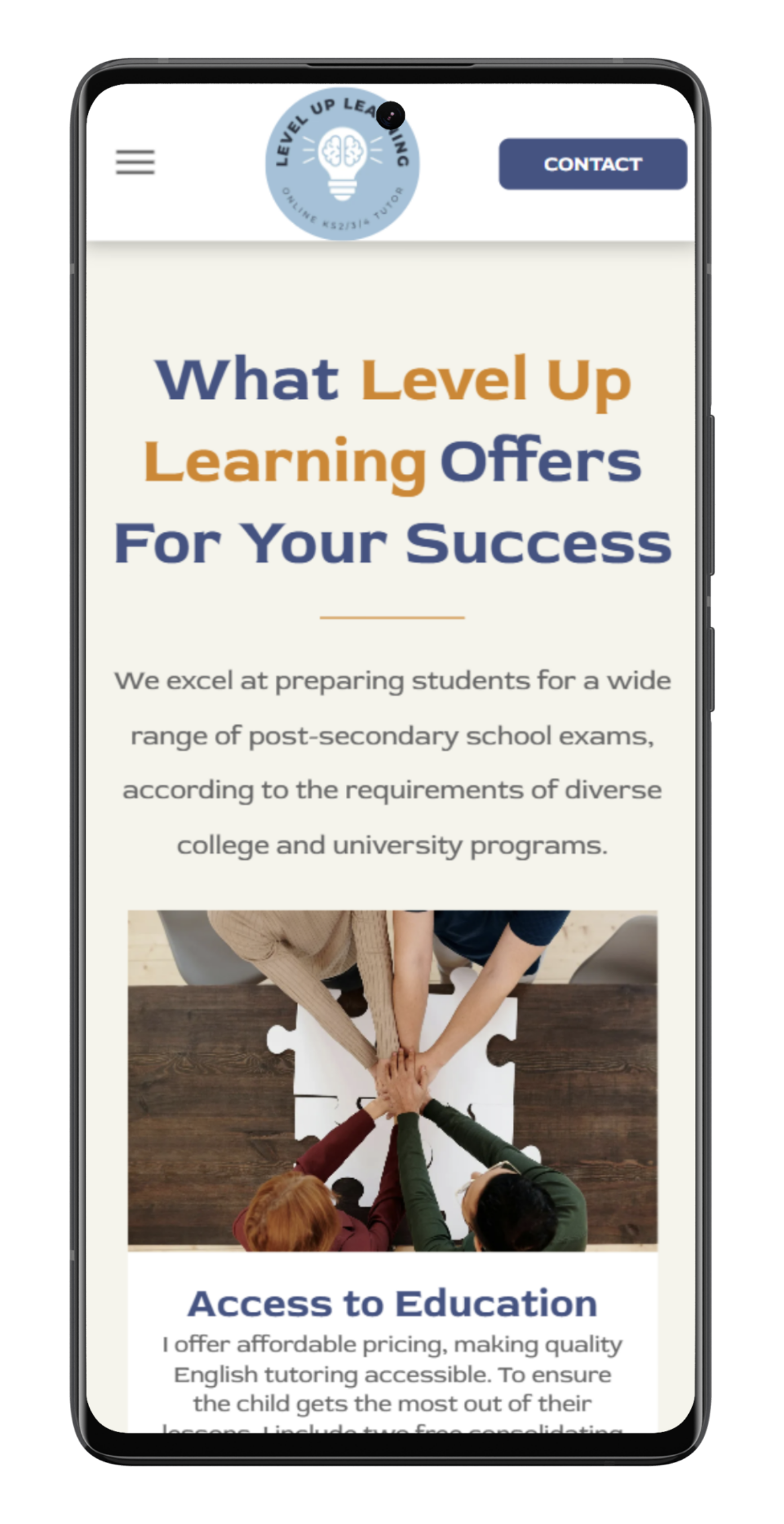 Smartphone displaying a website for Level Up Learning, focusing on educational offerings and student success.