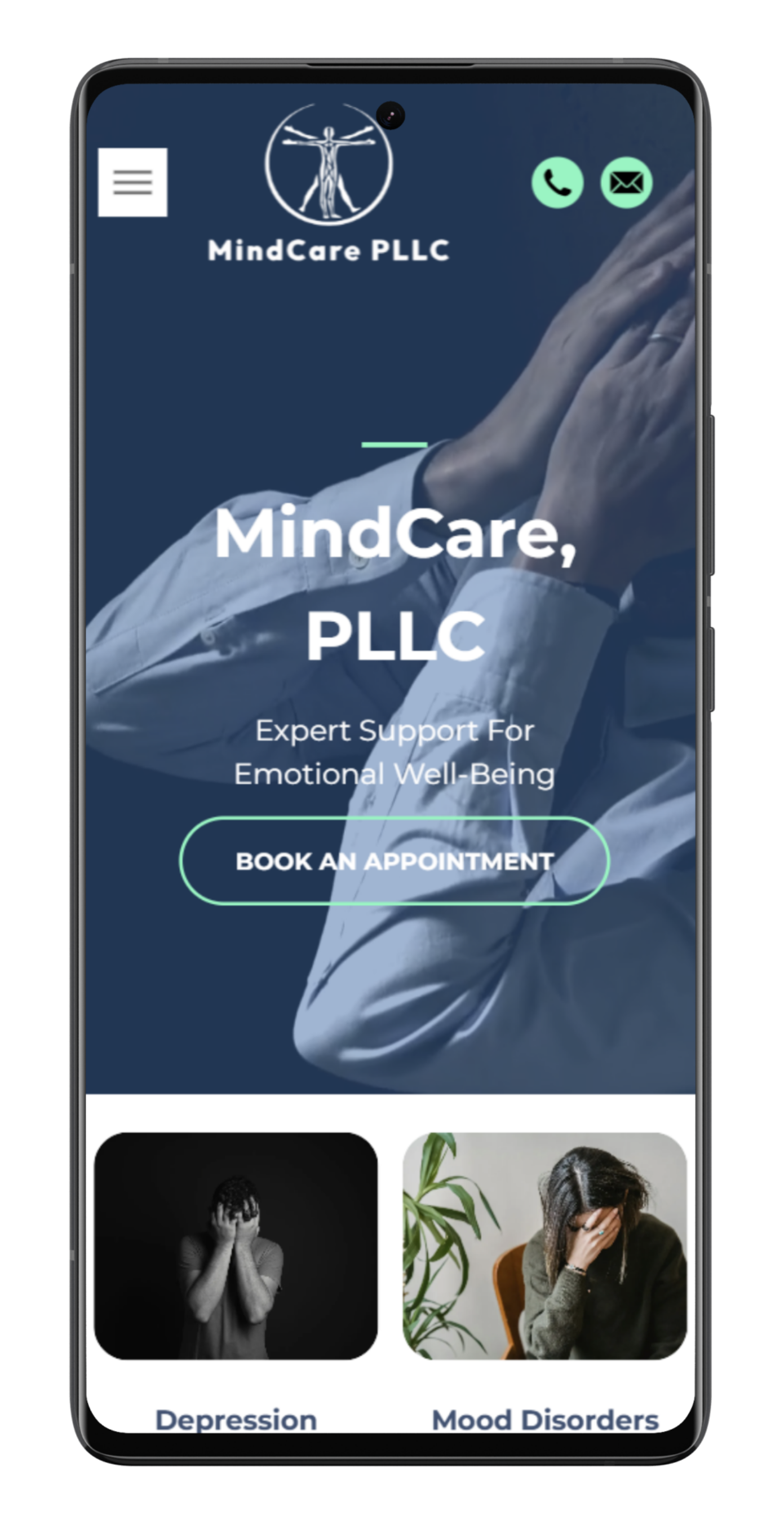 MindCare PLLC mobile website, promoting mental health services. Woman covering face. 