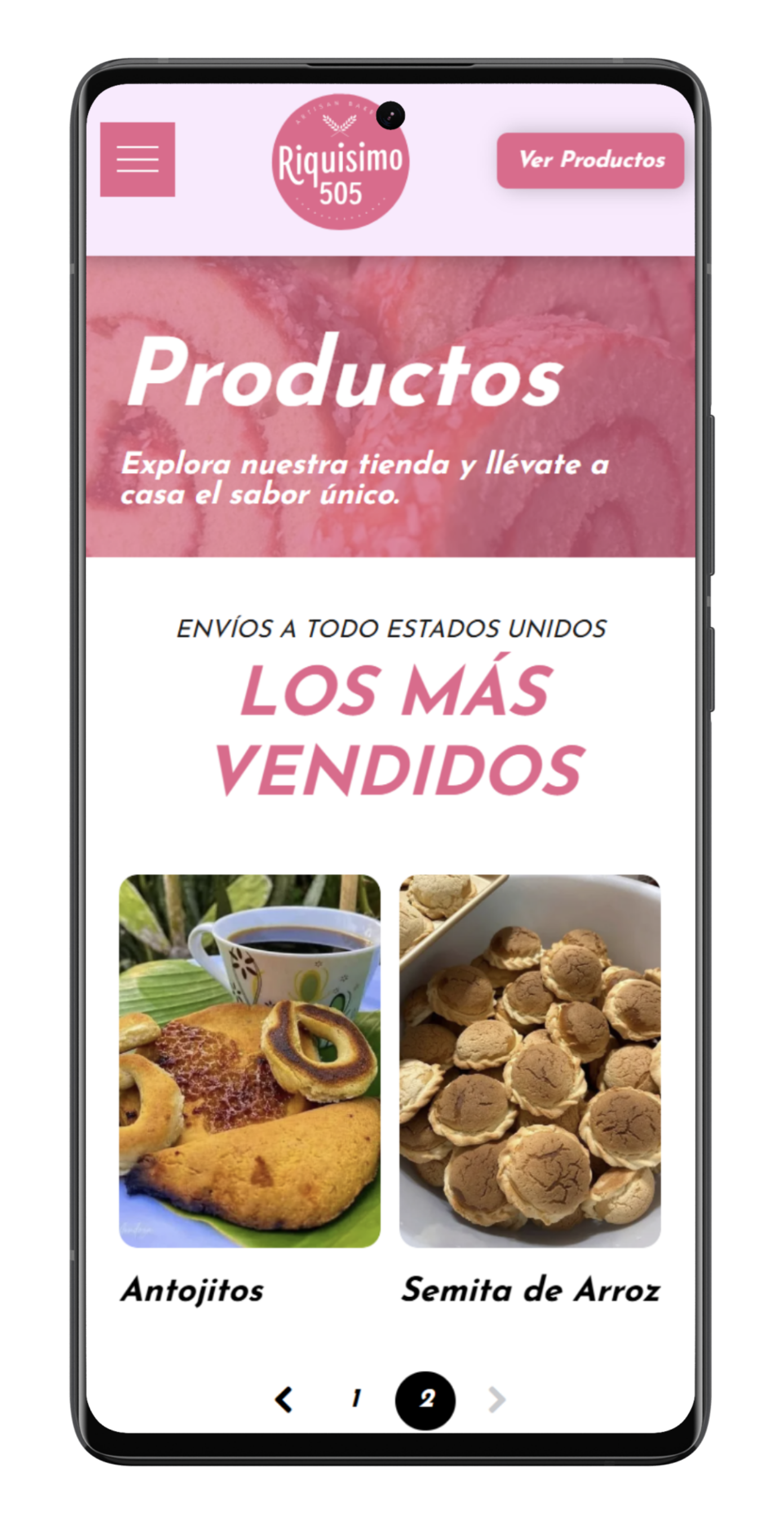 Mobile view of a food product page: “Productos” with “Los Más Vendidos” featuring Arepitas and Semillas de Arroz.