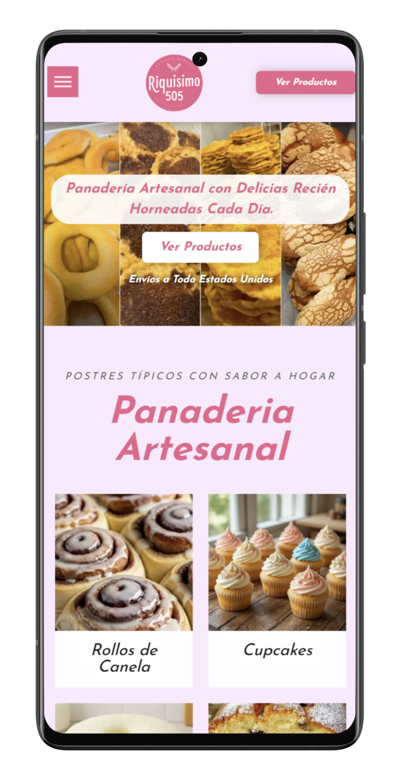Mobile webpage for an artisanal bakery. Displaying baked goods and a