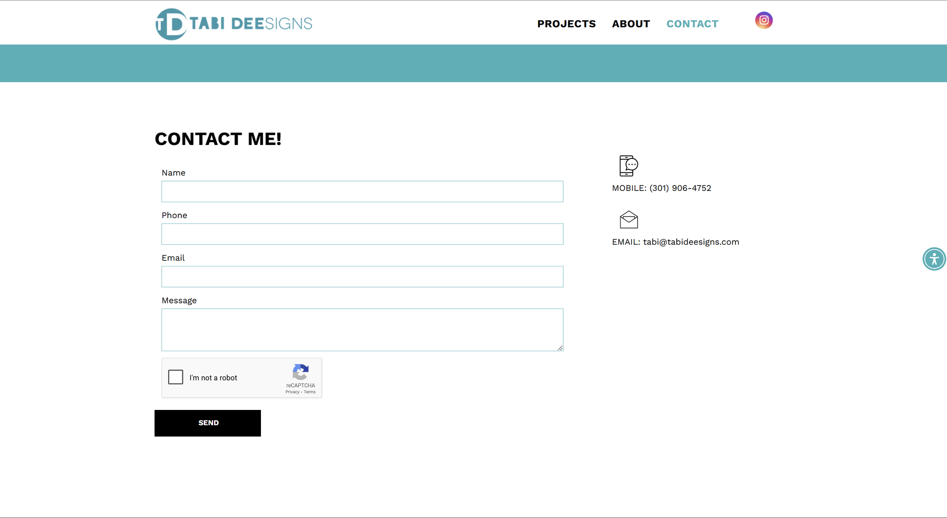 Website contact form with fields for name, email, and message; aqua header, black button.