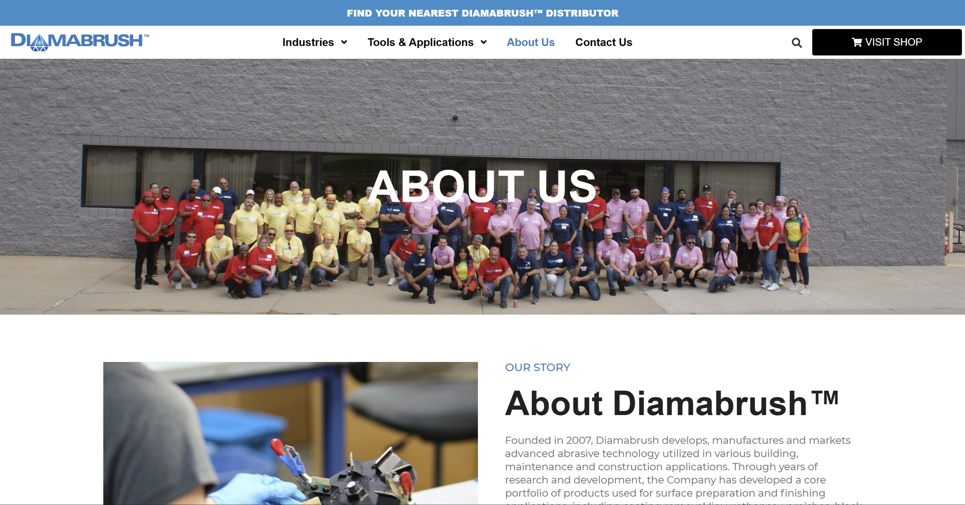 Group photo of Diamabrush employees in front of a brick building; text overlay