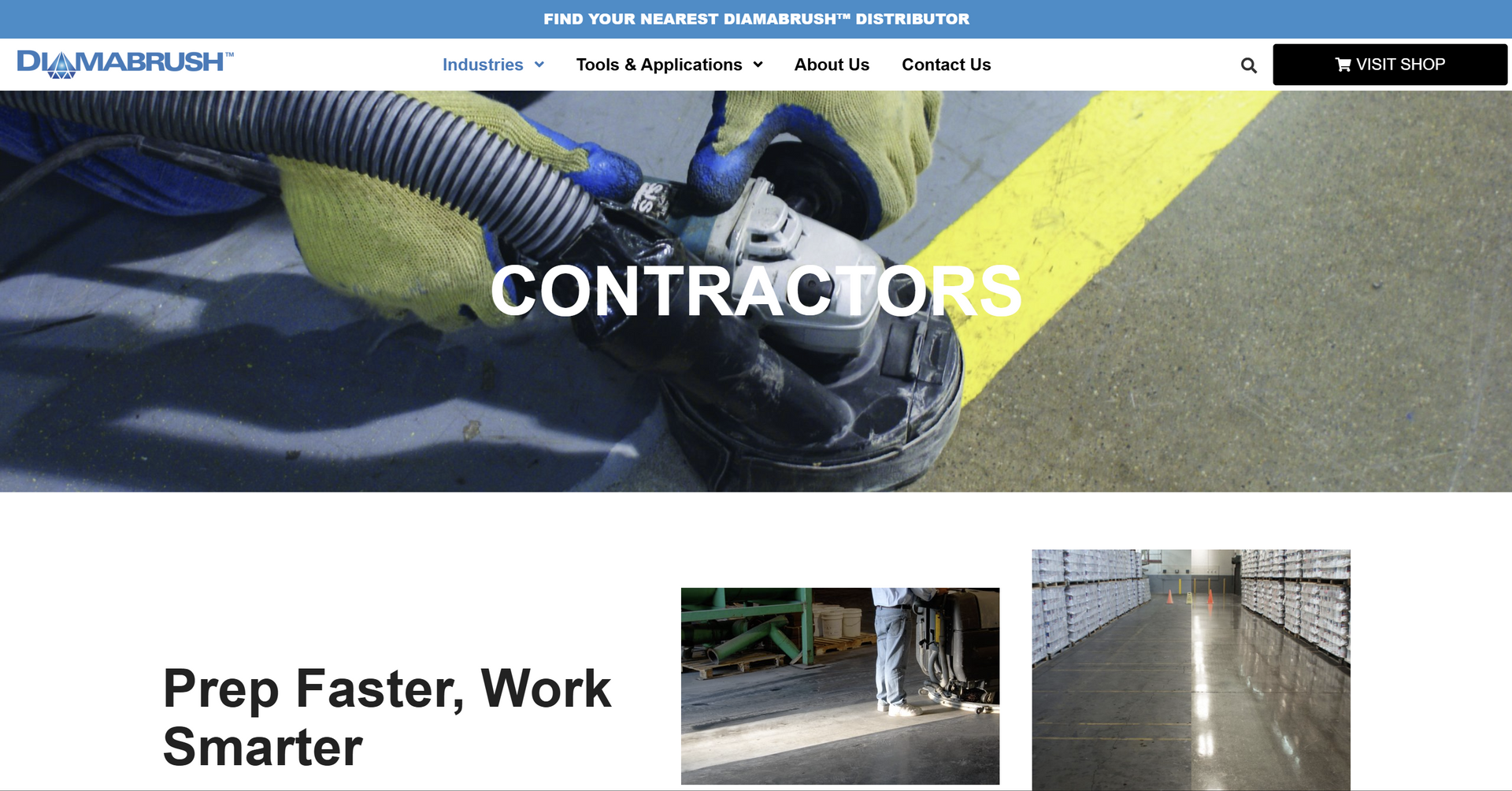 Contractor using a grinder on concrete floor, text