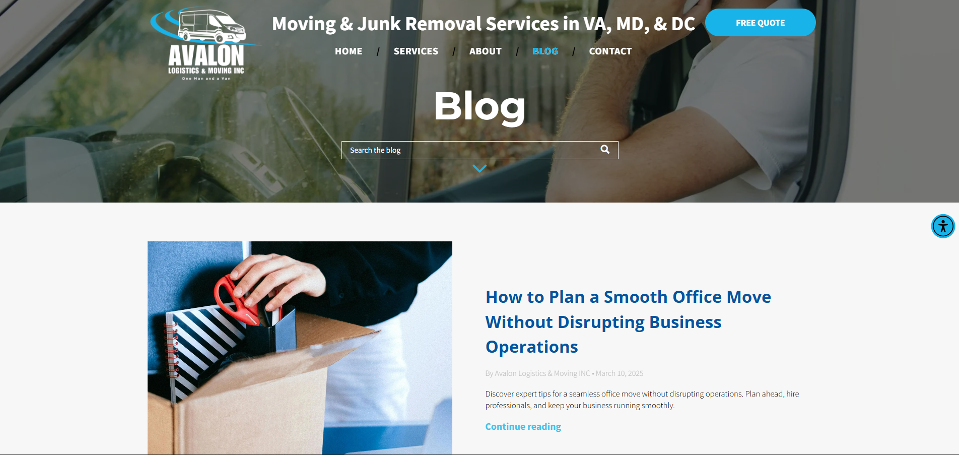 A website's blog page with a hand packing items into a box and title