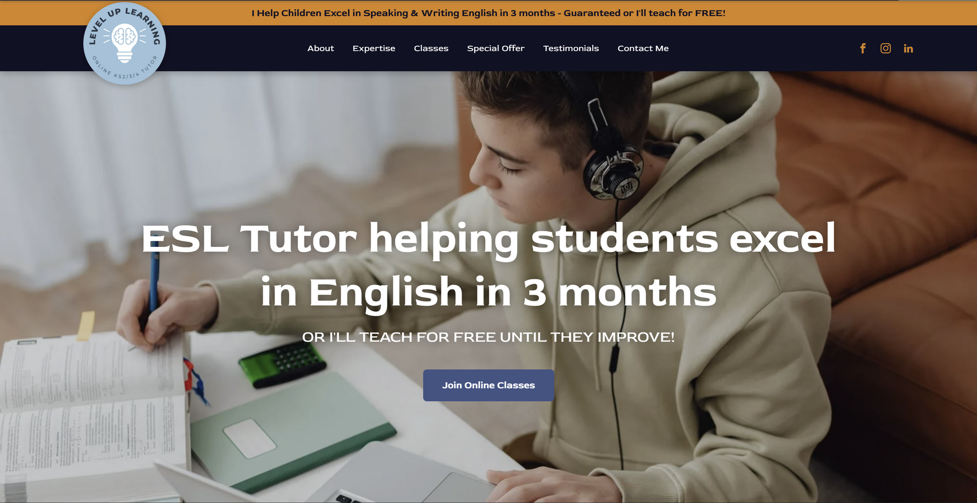 Website promoting ESL tutoring with student studying English.