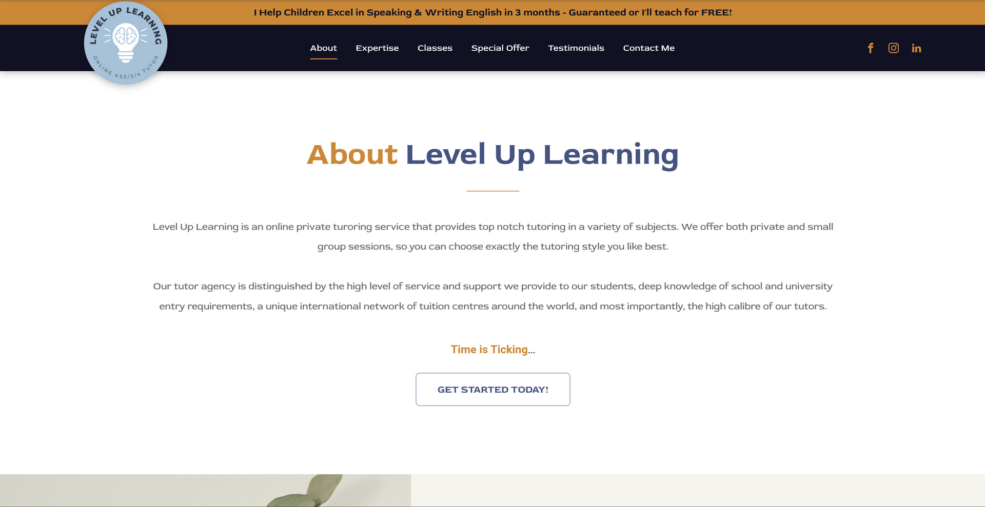Level Up Learning website, About page with text and navigation bar.