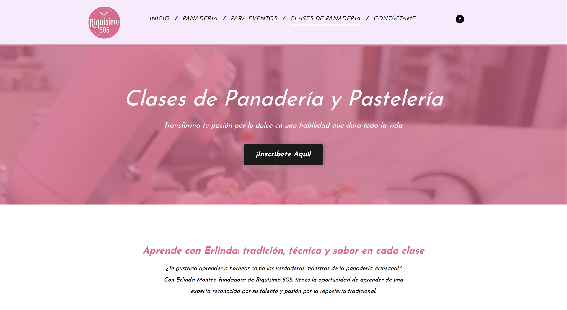 Website homepage with pink overlay, offering baking classes.