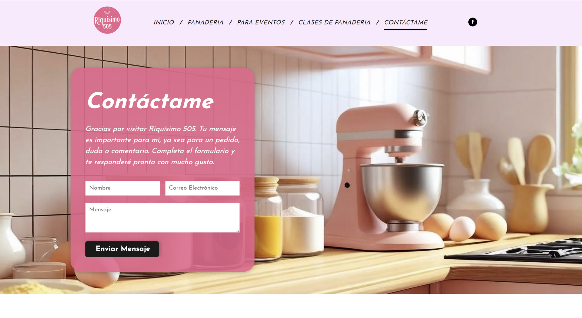 Contact form over a kitchen scene; pink accents and a mixer.
