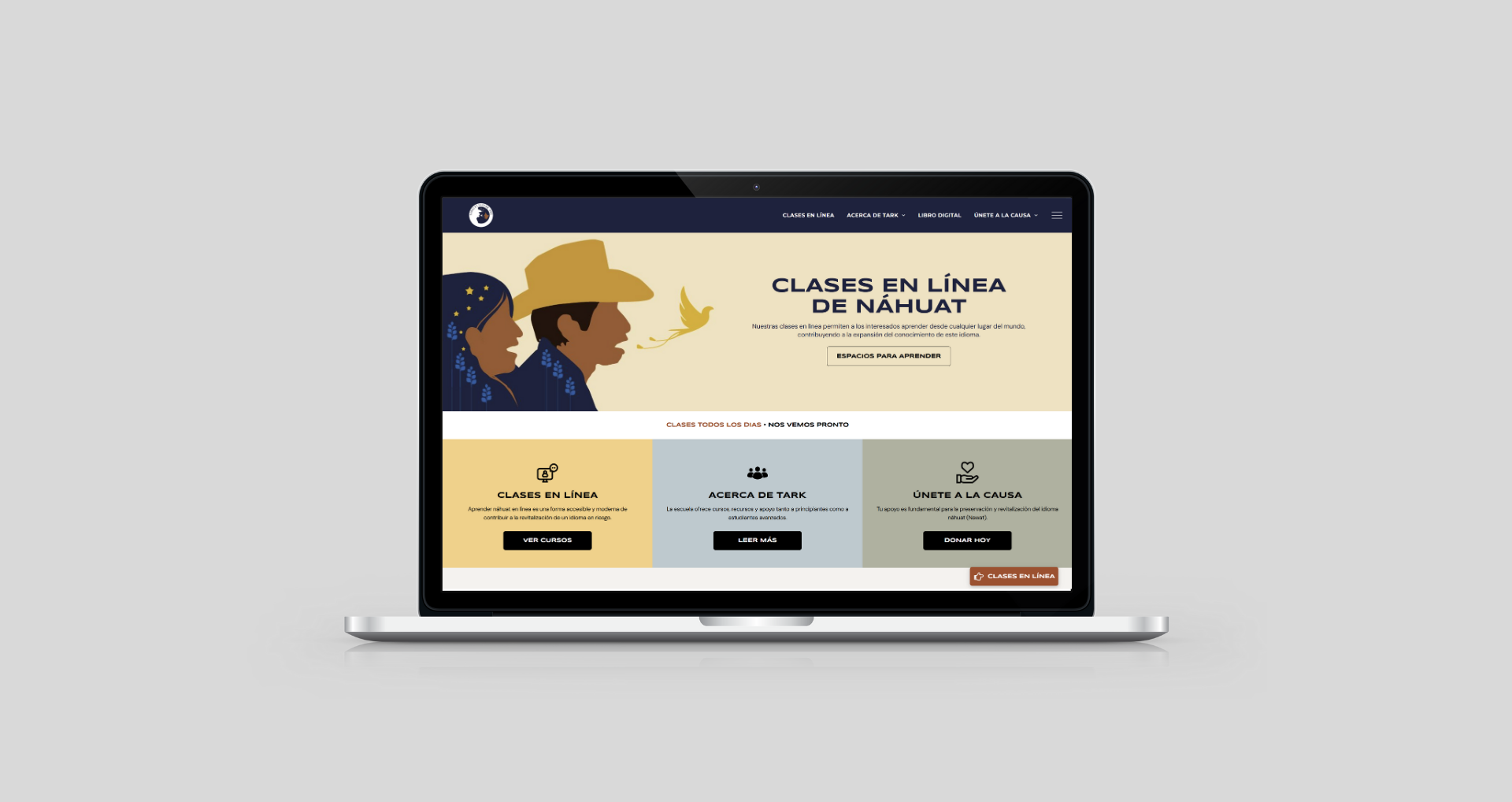 Laptop displaying a website with illustrations of people smoking. Website promoting an event.