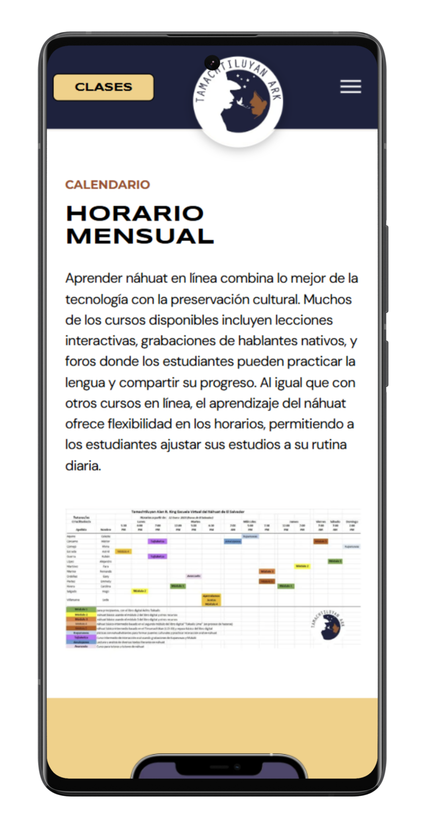 Smartphone display of a monthly schedule with colors and text for a learning program.