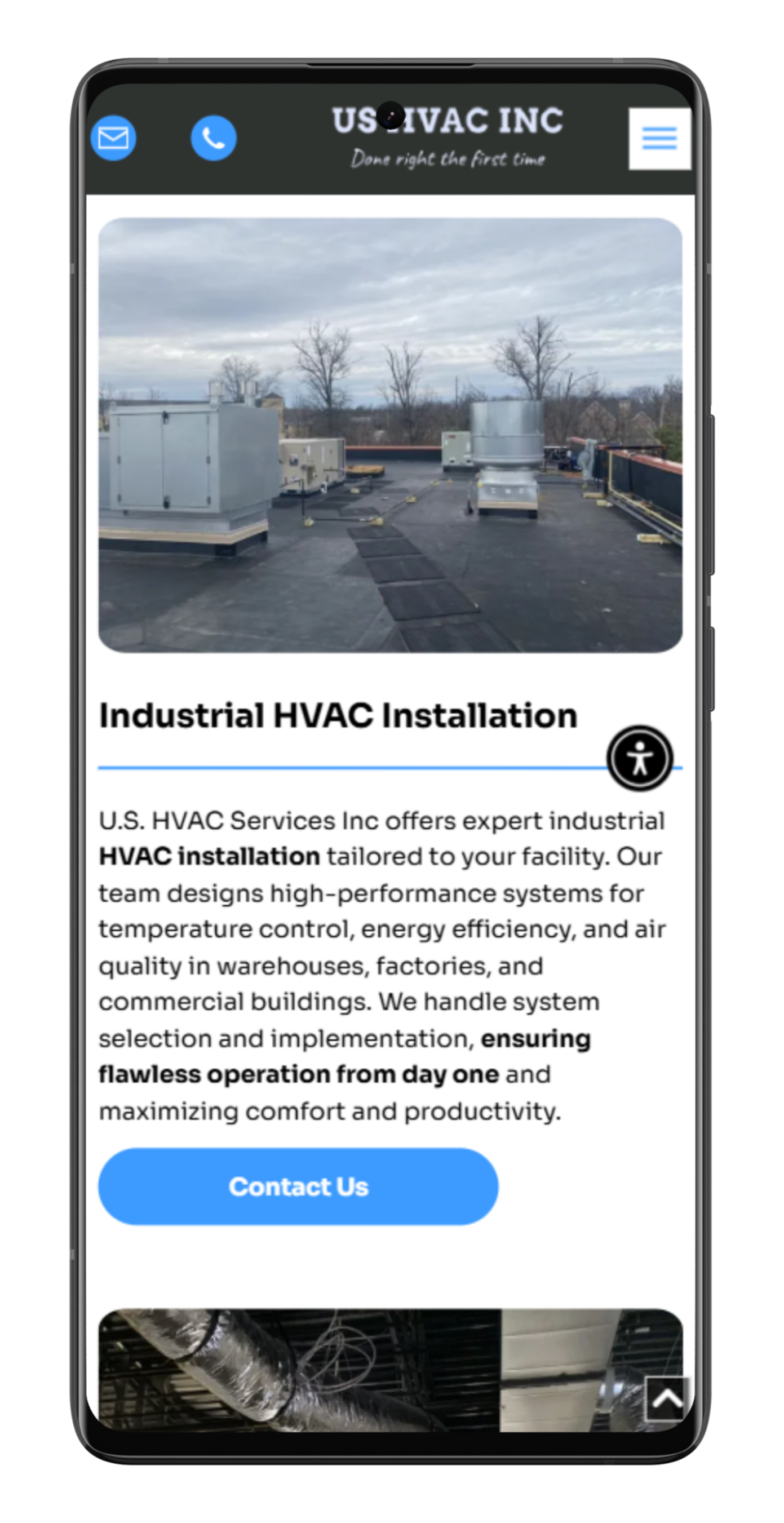 Mobile phone display of US HVAC Inc. Industrial HVAC installation on a building roof.