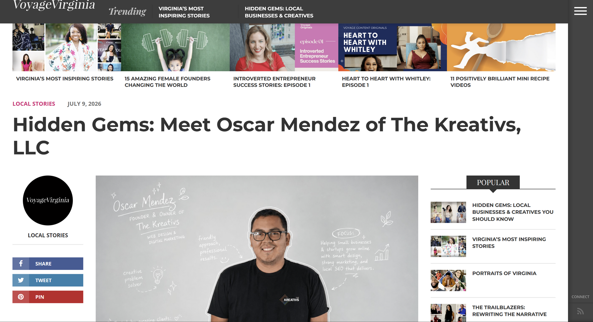 Webpage article titled “Hidden Gems: Meet Oscar Mendez of The Kreativs, LLC” with a portrait of a man in front of a whiteboard