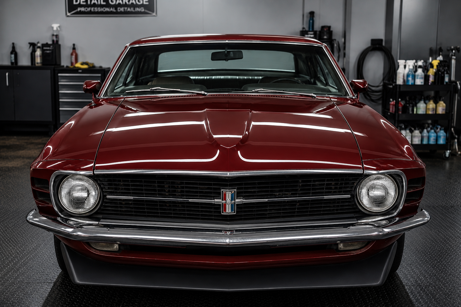Vista frontale di una Ford Mustang classica color bordeaux in un garage.