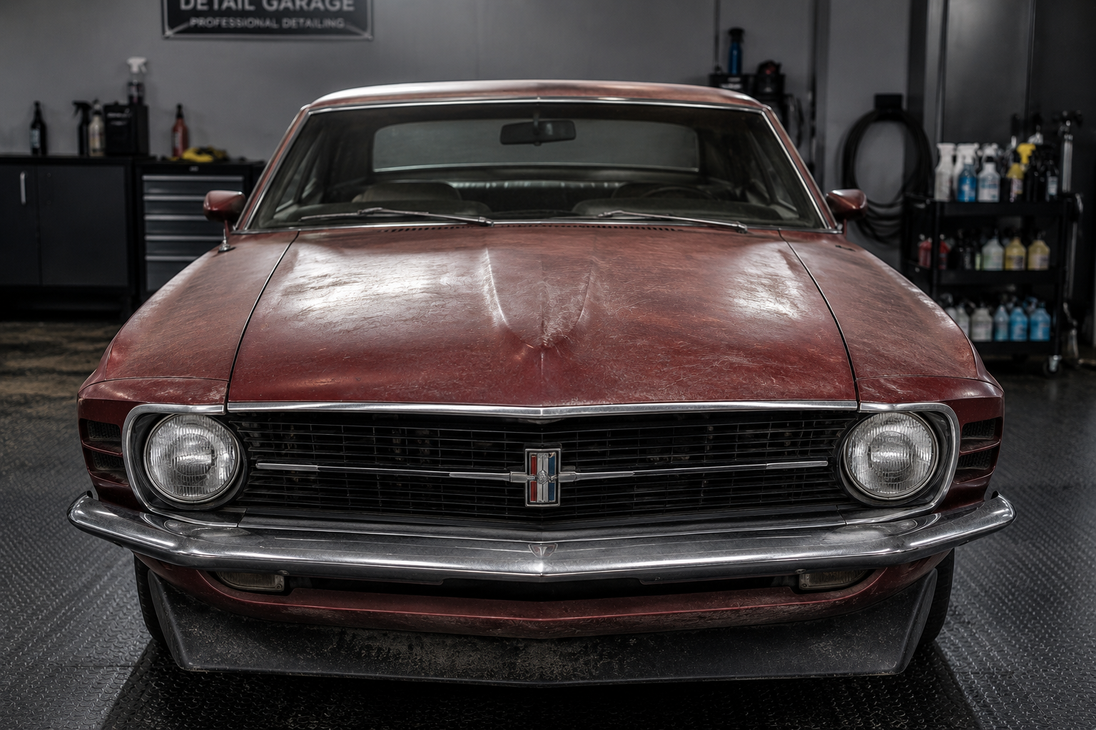Vista frontale di una Ford Mustang classica color bordeaux in un garage.