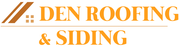 The logo for den roofing and siding is orange and brown.