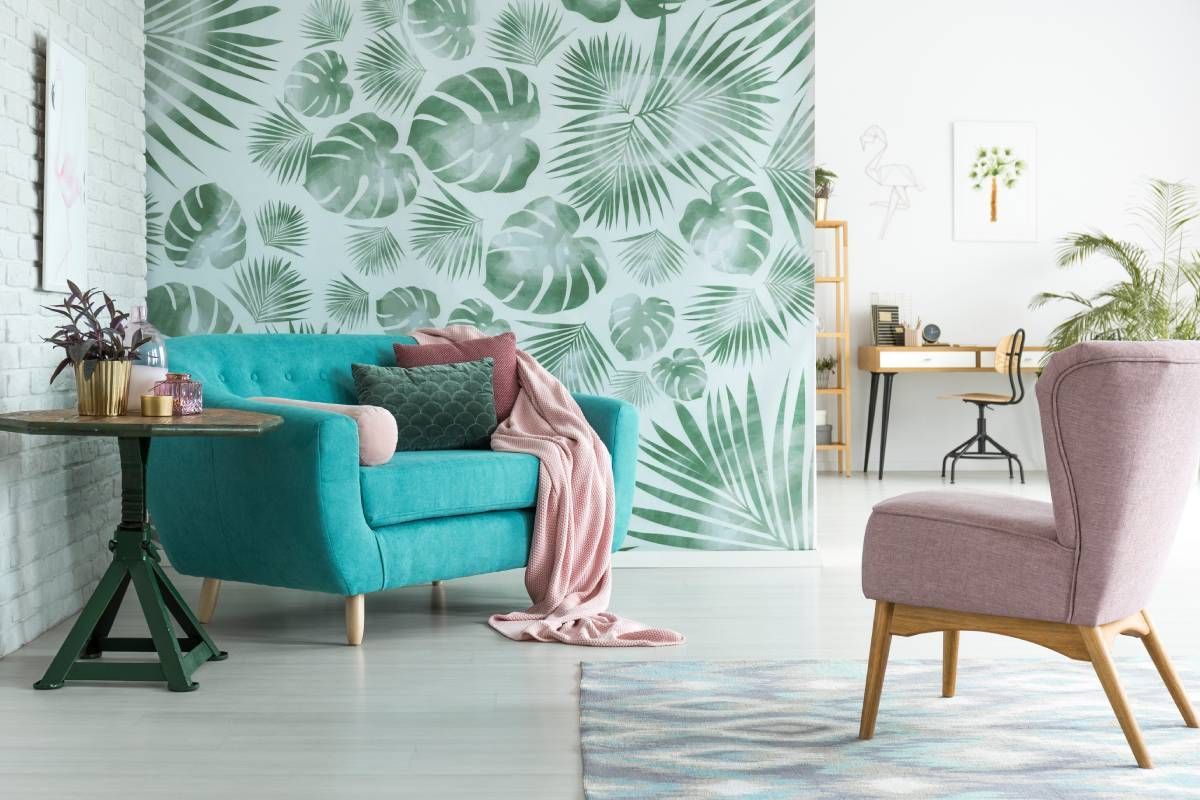 Floral wallpaper on a wall behind a contemporary seating area near Manasquan, NJ