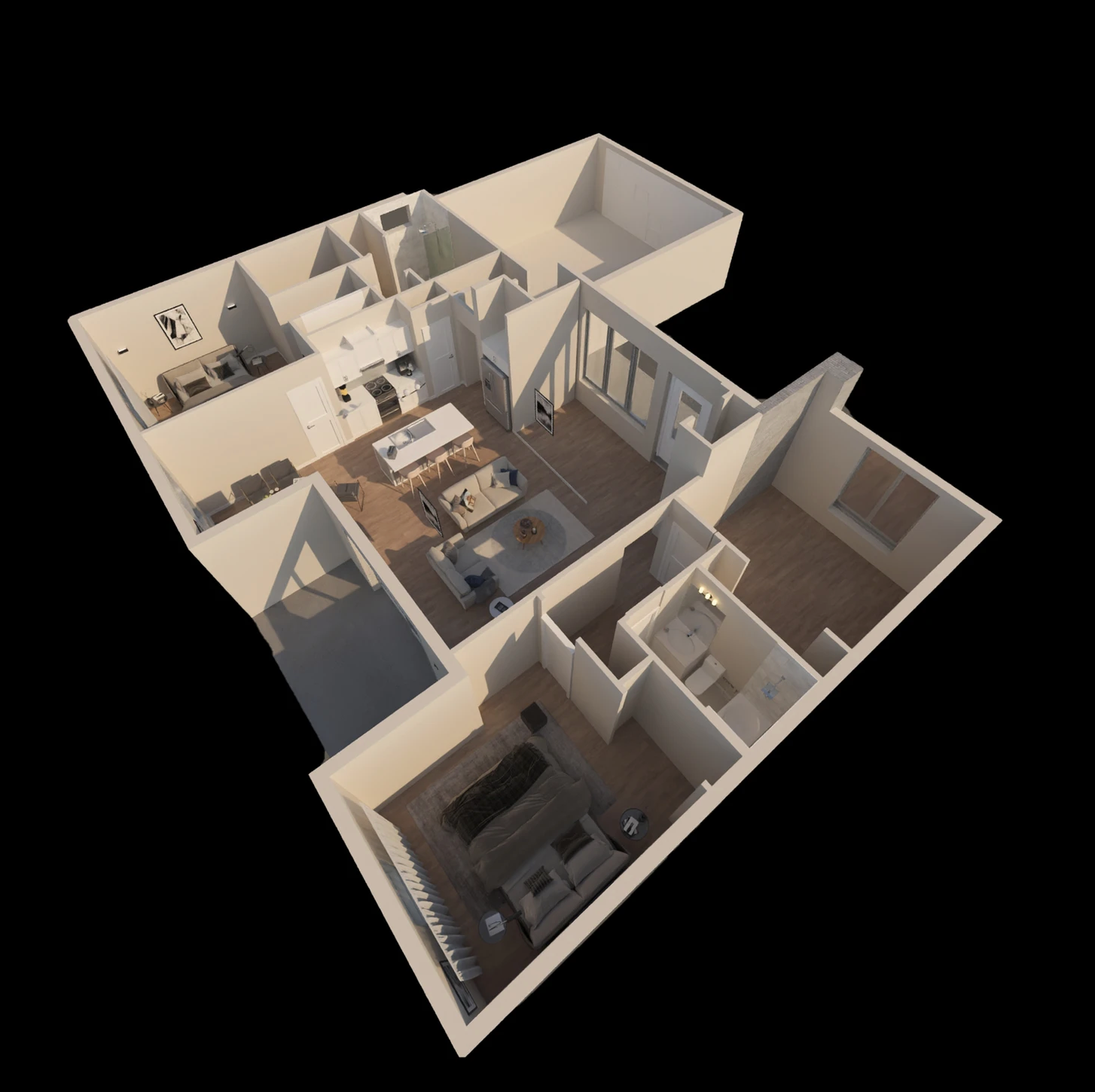 A 3d floor plan of a house with a black background
