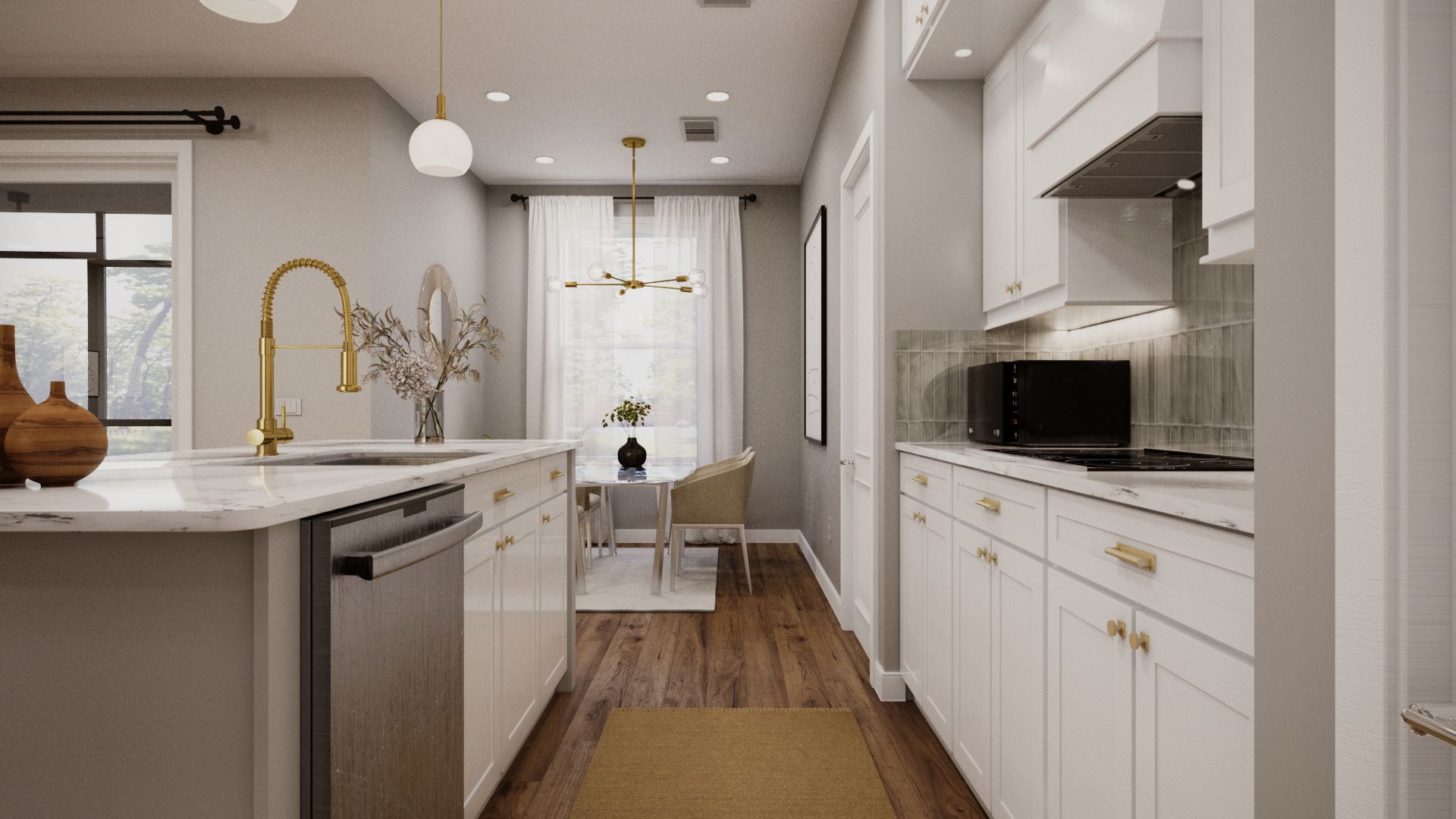 A kitchen with white cabinets and stainless steel appliances and a dining room in the background.