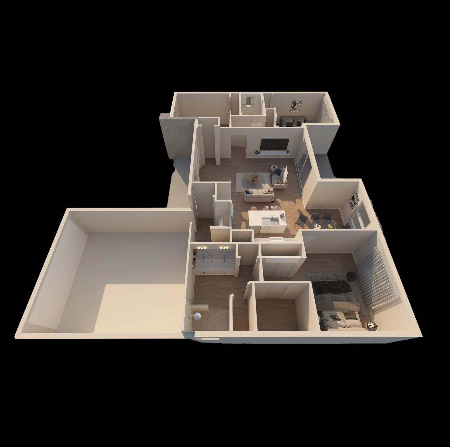 A 3d floor plan of a house with a black background